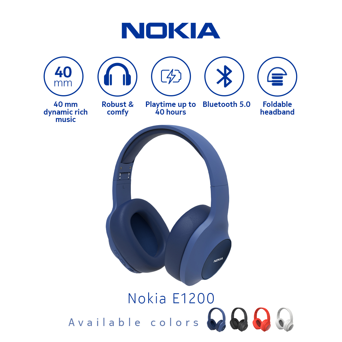 Nokia Wireless Bluetooth 5.0 Headphone / Headset with Mic E1200 - BLUE