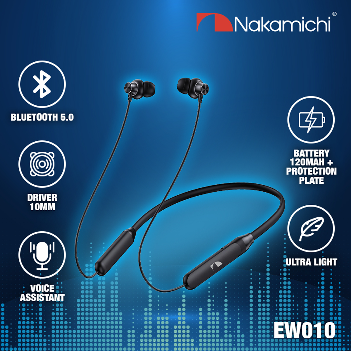 Nakamichi EW010 Neckband Earphone Wireless Earbuds Bluetooth HD HIFI