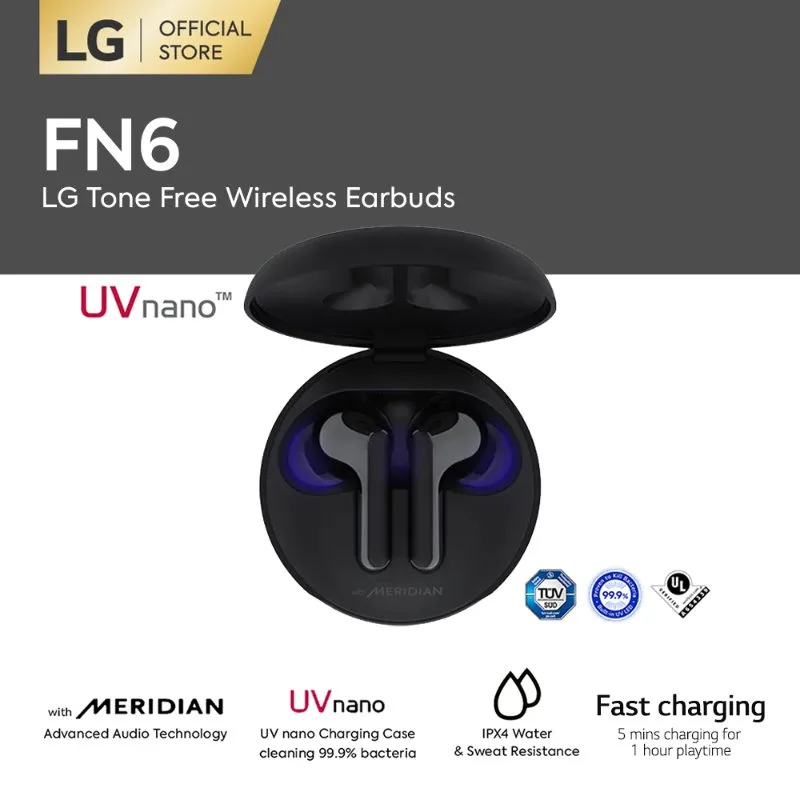 LG TONE Free FN6 TWS - Black [UVNano 99.9% Bacteria-Free True Wireless Bluetooth Earbuds with Meridian Sound-Fast Charging-18 hrs Battery]