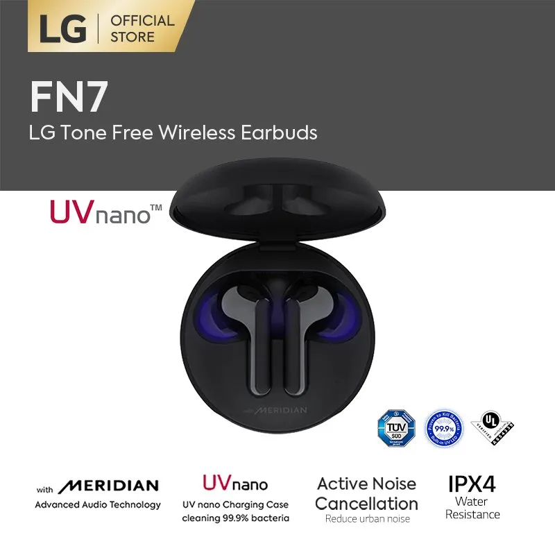 LG TONE Free FN7 TWS - Black [Active Noise Cancelling/Meridian Sound/UVNano 99.9% Bacteria Free/18 hrs Battery]