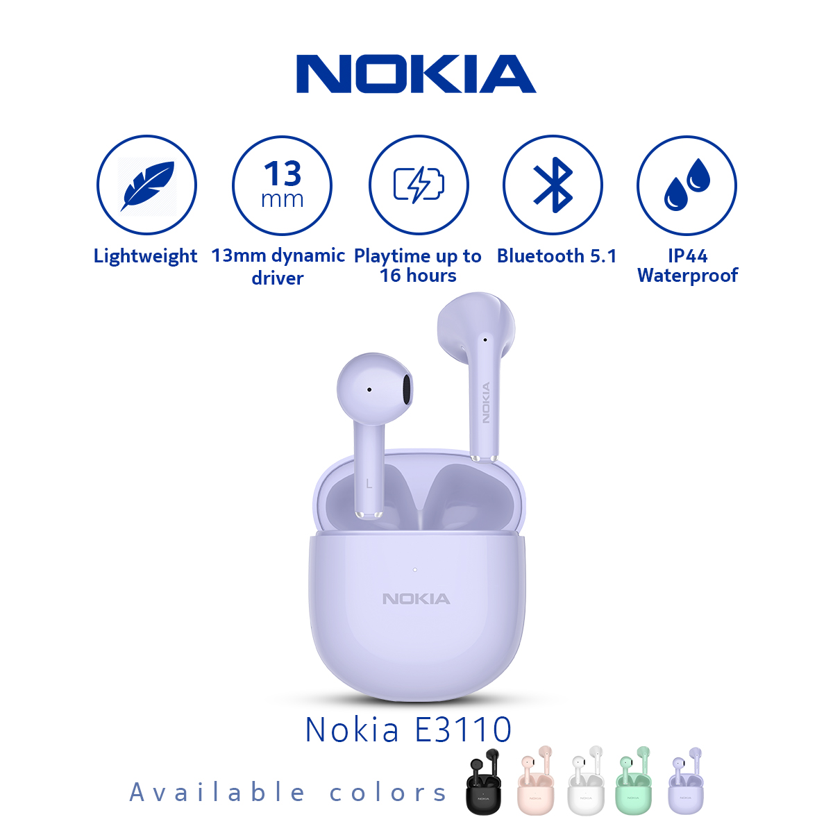 Nokia E3110 True Wireless Earbuds Bluetooth Earphone TWS HD - Purple