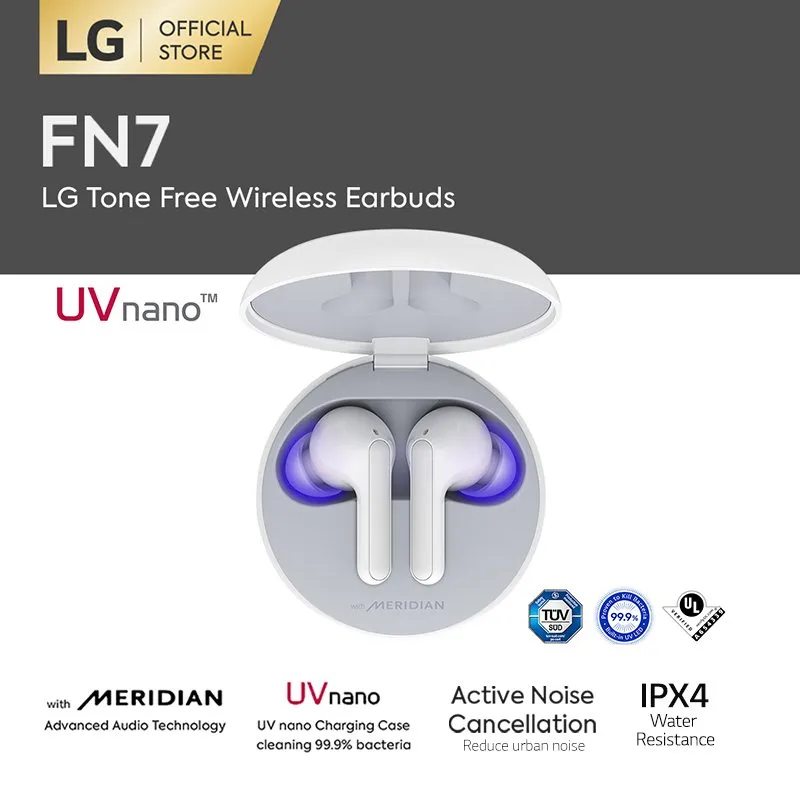 LG TONE Free FN7 TWS - White [Active Noise Cancelling-Meridian Sound-UVNano 99.9% Bacteria Free-18 hrs Battery]