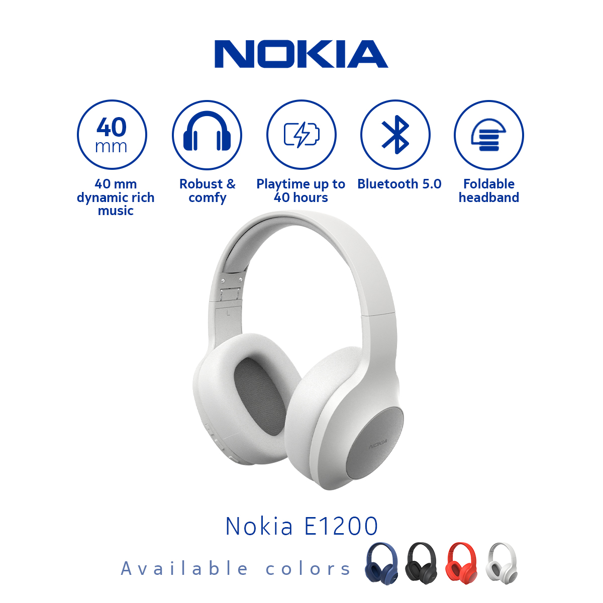 Nokia Wireless Bluetooth 5.0 Headphone / Headset with Mic E1200 - WHITE